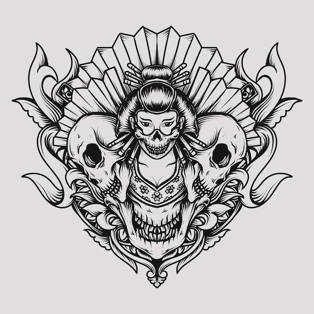 Tattoo and t-shirt design geisha and skull engraving ornament