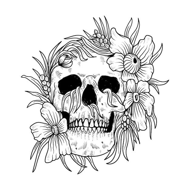 Vector tattoo and t shirt skull and flower  line art