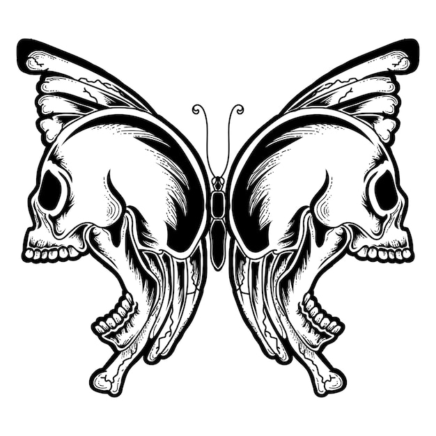 Vector tattoo and tshirt design hand drawn butterfly skull premium