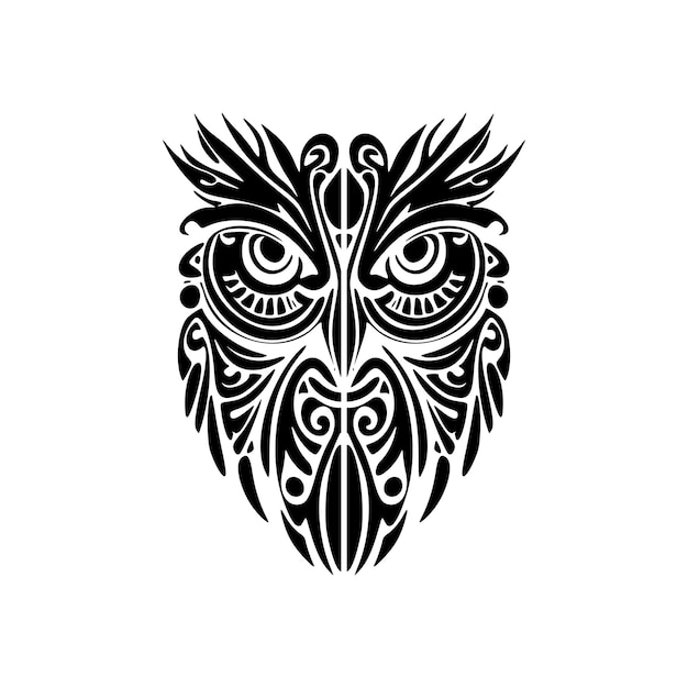 Tattoo van een uil met zwart-wit Polynesisch ontwerp