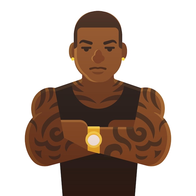 Татуированный черный мужчина плоская иллюстрация