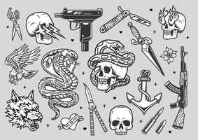 Tattoos vintage monochrome collection with weapon knives razor dagger bullets angry wolf head snake eagle heart anchor skulls with lightnings and flames from eye sockets