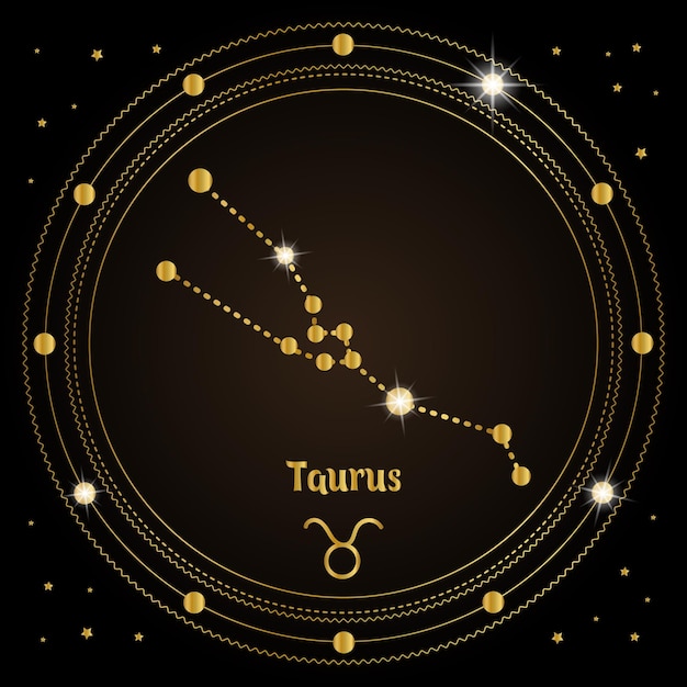 Taurus, constellation of the zodiac sign in the cosmic magic circle. Golden design on a dark