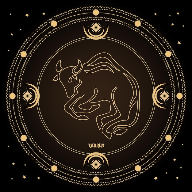 Segno zodiacale del toro, segno dell'oroscopo astrologico in un cerchio mistico con luna, sole e stelle.