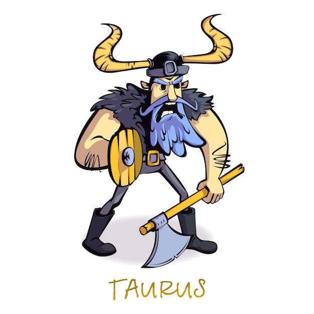 Taurus zodiac sign man flat cartoon . Viking, horoscope sign personality. Ready to use 2d character template for commercial, animation, printing design. Isolated comic hero