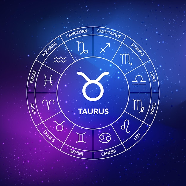 Taurus zodiac sign Zodiac circle on a dark blue background of the space