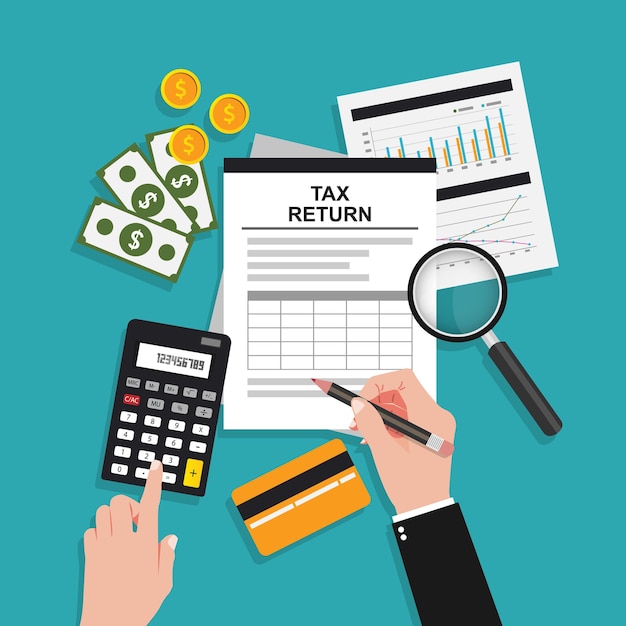 Tax accounting composition with hands and tools symbol