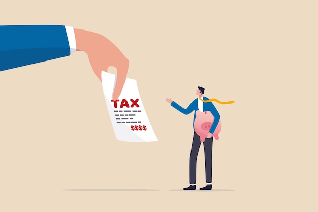 Tax burden or debt to pay for income tax financial charge and duty to pay for government accounting or bills wealth management or savings businessman holding saving piggybank looking at tax bills