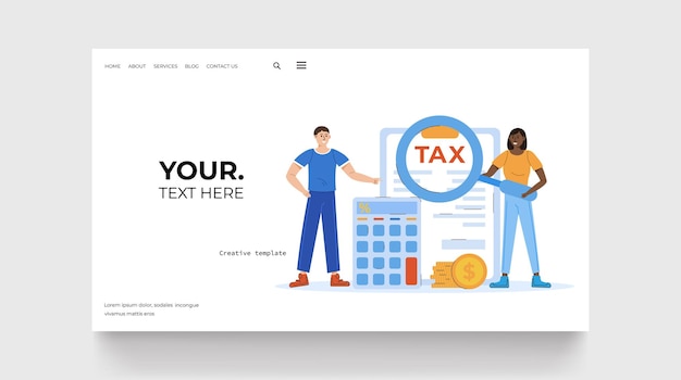 Tax calculating concept landing page Man and woman with magnifying glass standing around clip board and coin Vector illustration