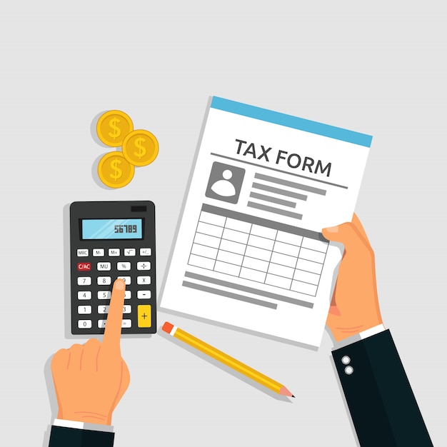 Концепция расчета налога. Рука налоговая форма и калькулятор для уплаты налогов. Символ монета и карандаш, векторная иллюстрация