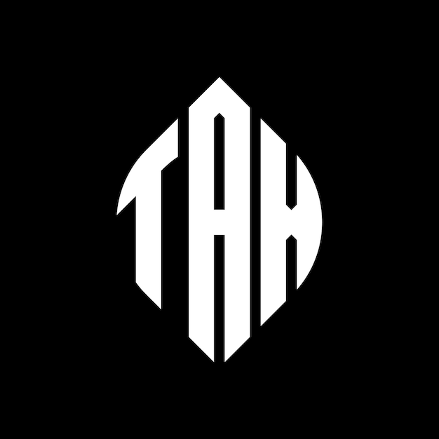 타크스 (TAX) 로고는 원과 타원형의 타크스 타원형으로 세 개의 이니셜이 둥근 로고를 형성합니다.타크스 둥근 블럼, 추상 모노그램, 글자, 표지, 터.