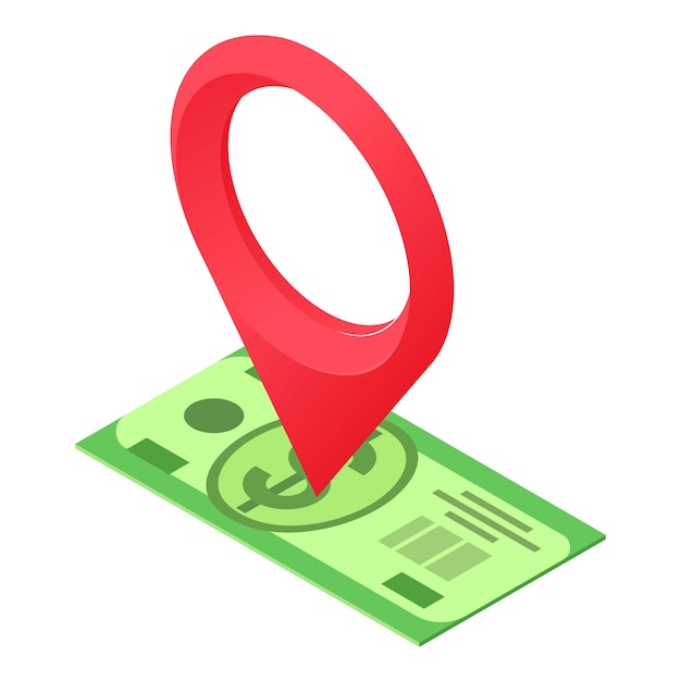 Vettore vettore isometrico dell'icona del concetto fiscale segno di posizione rosso sull'icona della banconota da un dollaro tassazione economia finanza