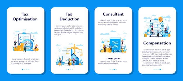 Set di banner di applicazione mobile concetto di consulente fiscale. idea di contabilità e pagamento. conto finanziario. ottimizzazione fiscale, detrazione e rimborso.