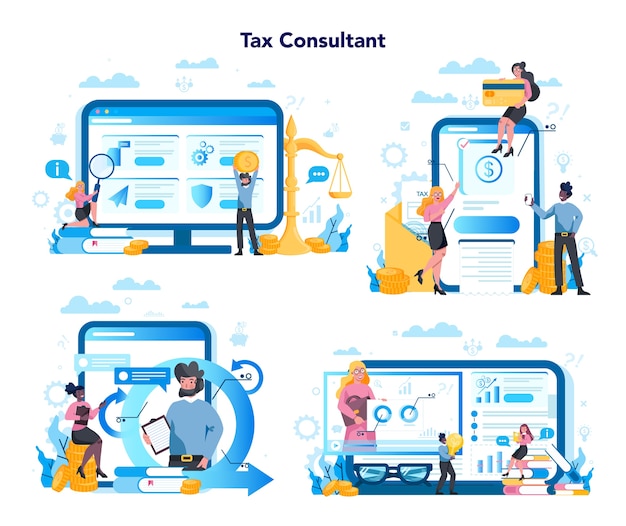 Tax consultant service platform on differernt device concept set. idea of accounting and payment. financial bill. tax optimization, deduction and refund.