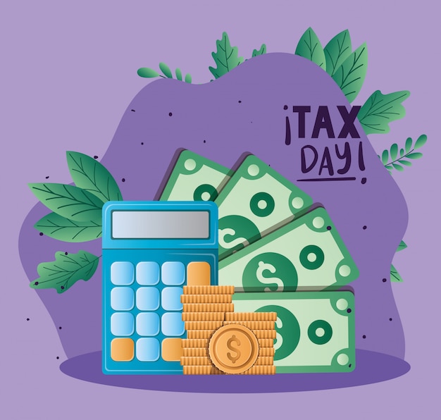 Tax day calculator bills and coins