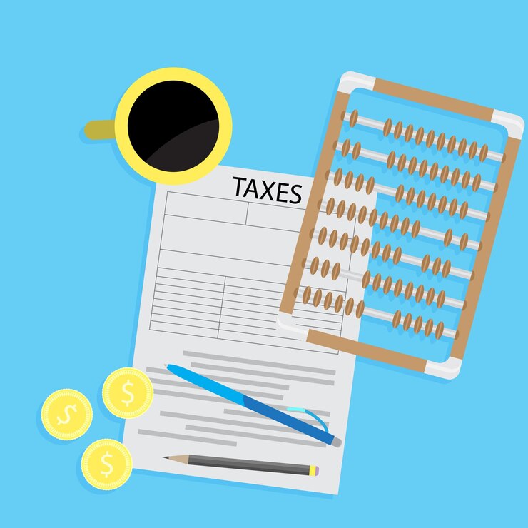 Vector tax day declaration flat concept tax form with coffee and abacus calculator accounting and money taxation and taxes money vector illustration