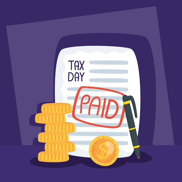 Иллюстрация налогового дня с оплаченной квитанцией и монетами