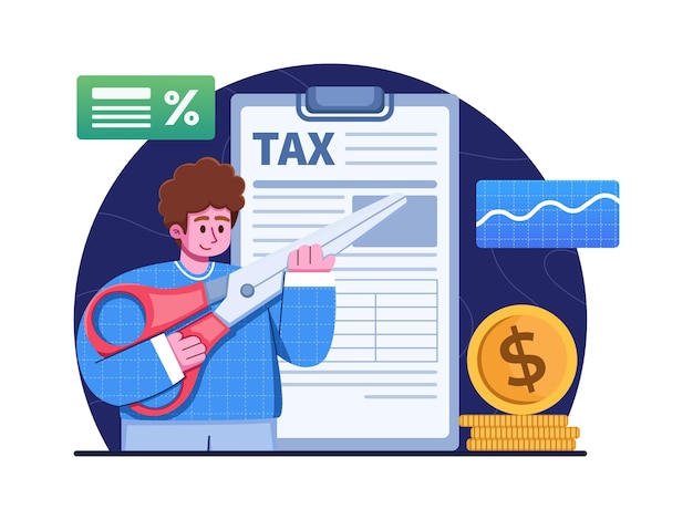 Tax deduction illustration with a person holding scissors. people with scissors cutting taxes.