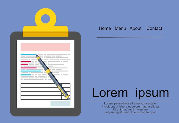 Tax form. Clipboard with tax form and pen. Modern flat design. Top view. Vector illustration