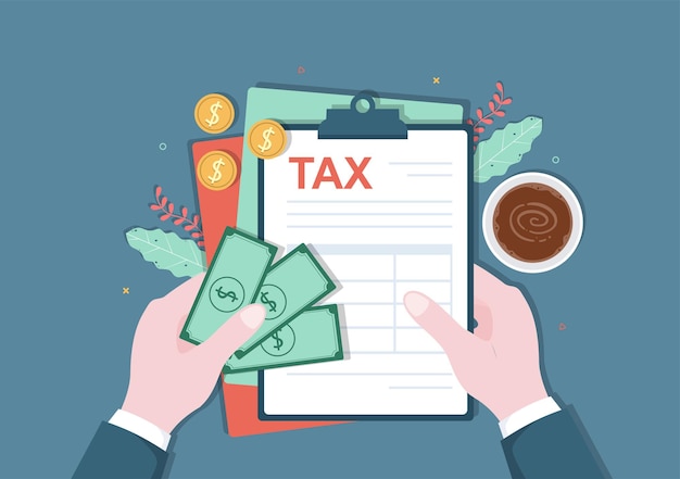 Tax Form of State Government Taxation with Forms Calendar Audit Calculator or Analysis to Accounting and Payment in Flat Background Illustration