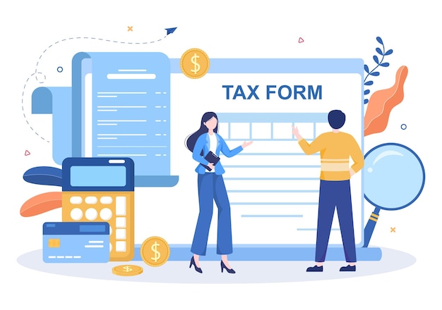 Modulo fiscale della tassazione del governo statale con il calcolatore di audit del calendario dei moduli o l'analisi per la contabilità e il pagamento in un'illustrazione di sfondo piatto