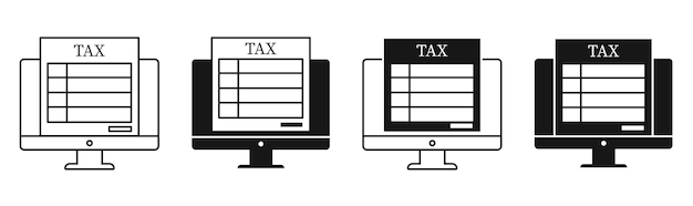 Modulo online fiscale sul computer set di badge piatto