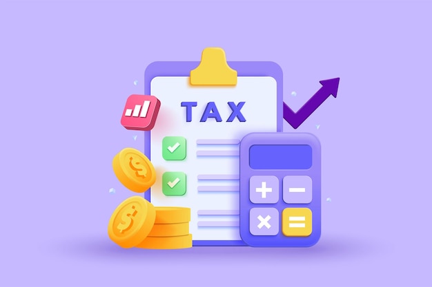 Tax payment and business tax concept Coin stacks calculator and tax form on purple background 3d vector illustration