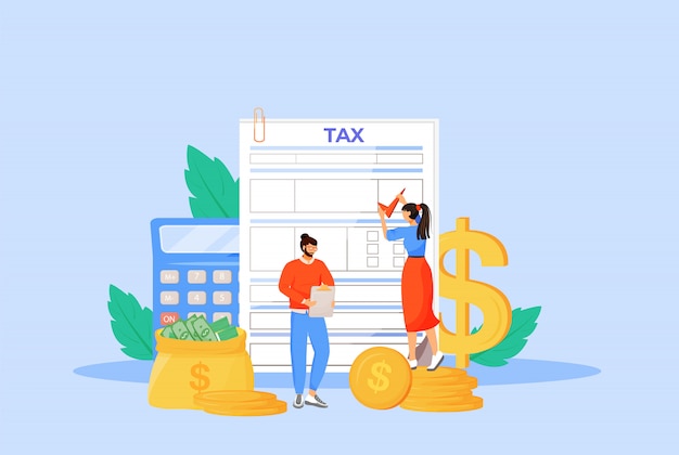 Tax payment guideline flat concept illustration. People filling invoice, utility bill 2D cartoon characters for web design. Taxation, finances management, budget planning creative idea