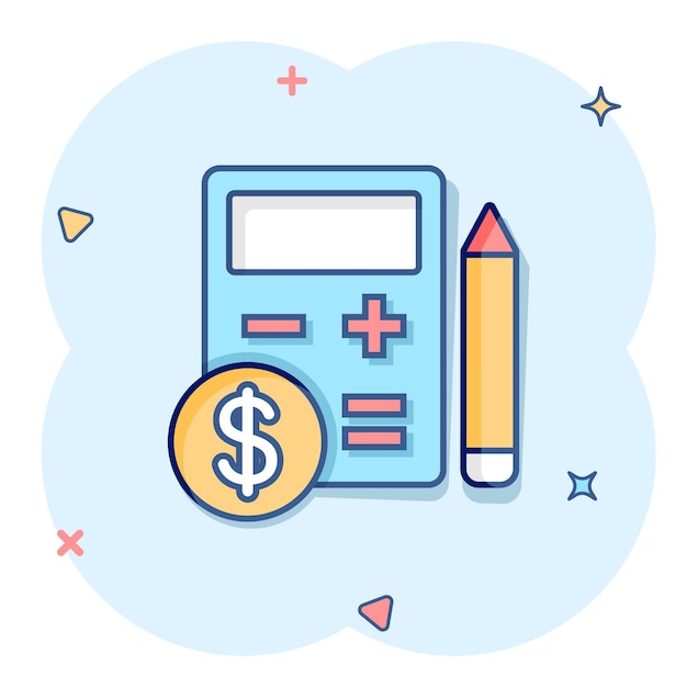 Vector tax payment icon in comic style budget invoice cartoon vector illustration on white isolated background calculator with dollar coin and pencil splash effect business concept
