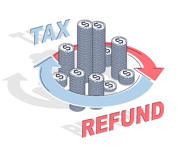 Concetto di rimborso delle tasse, pila di denaro contante con frecce ad anello radiale intorno. illustrazione isometrica 3d di affari e finanza vettoriale, design a linea sottile.