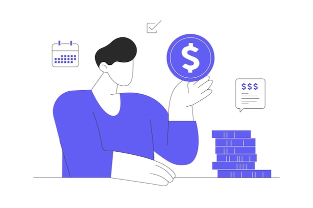 Tax return concept Analysis financial data Calculation Income Management Men Character with coin