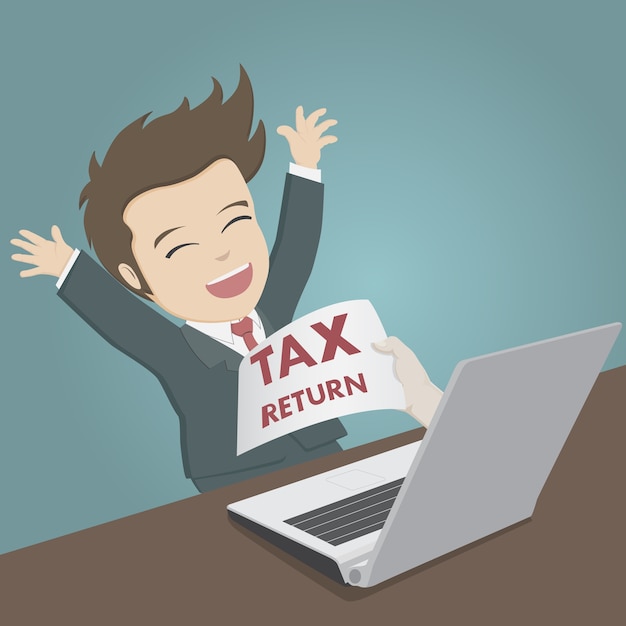 税務リターンのコンセプト。ビジネスマンはオンライン決済税の返品を受けました。