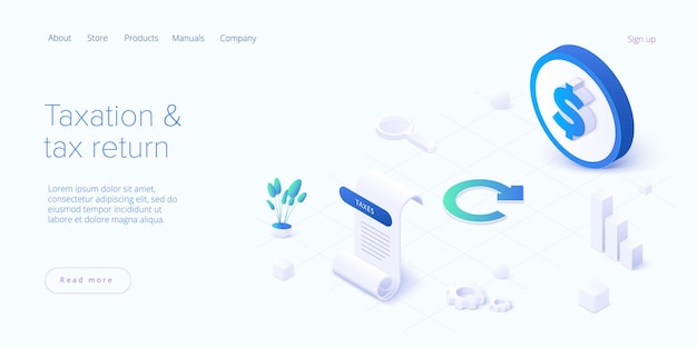 Tax return concept in isometric design landing page