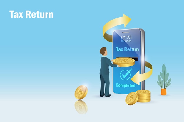 Tax return from online tax filing man receive money back from filing income tax on smart phone