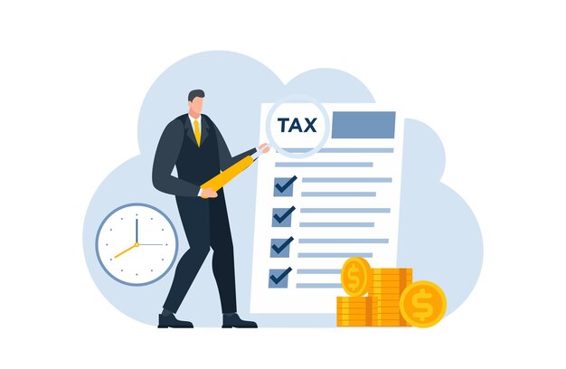 tax with businessman flat illustration blue and yellow