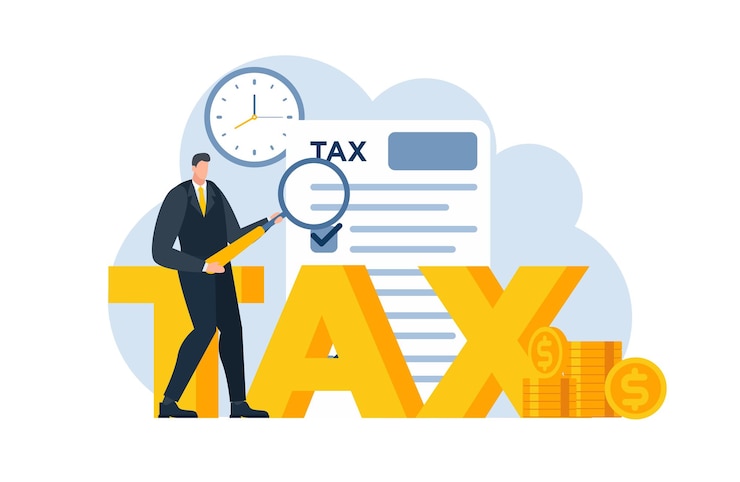 Vector tax with businessman flat illustration blue and yellow