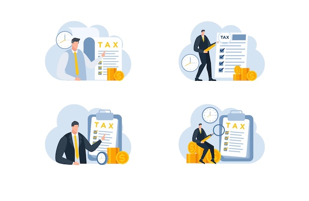 Vector tax with businessman flat illustration blue and yellow