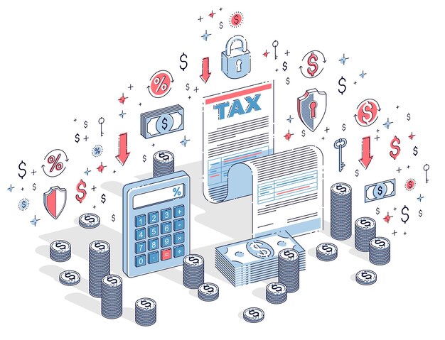 Vector taxation concept, tax form or paper legal document with cash money stacks and calculator isolated on white. 3d vector business isometric illustration with icons, stats charts and design elements.