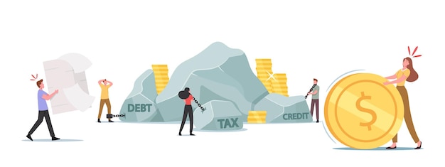 Vector taxation heavy burden, loan payment concept. tired business characters carry huge stones, paper form and coin. bank debt, mortgage debentures and business problems. cartoon people vector illustration