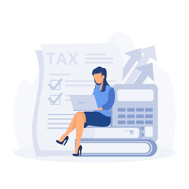 課税計画のコンセプト。納税カレンダーを使用して、オンラインおよびファイナンシャルアドバイザーと協力して納税申告書に記入する登場人物。フラットベクトルモダンイラスト
