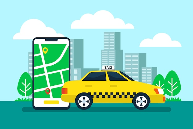 Vettore taxi app concetto con cellulare e città