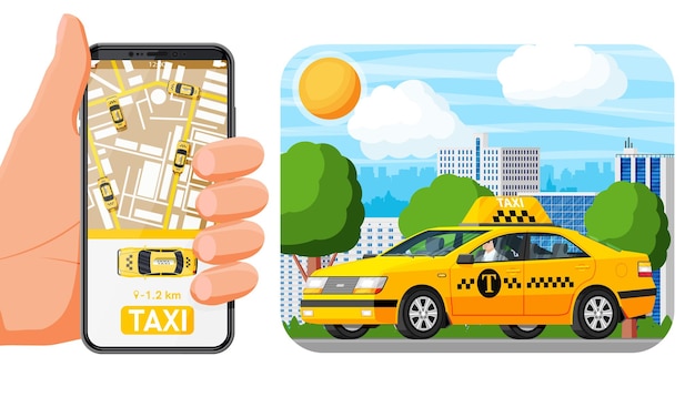 Taxi-app of -dienst. Gele auto en smartphone