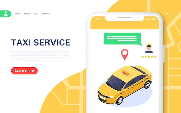 Bandiera di taxi. applicazione mobile per l'ordinazione online di taxi 24 ore su 24. scelta dell'autista e chat con l'assistenza clienti. illustrazione isometrica di vettore.