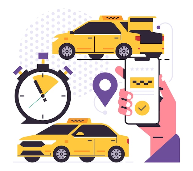 Taxi bestellen service mobiele applicatie concept een hand met een telefoon met het boeken van een taxi op het display auto voor- en achterkant kofferbak stopwatch gps punt pin pictogram teken platte vectorillustratie