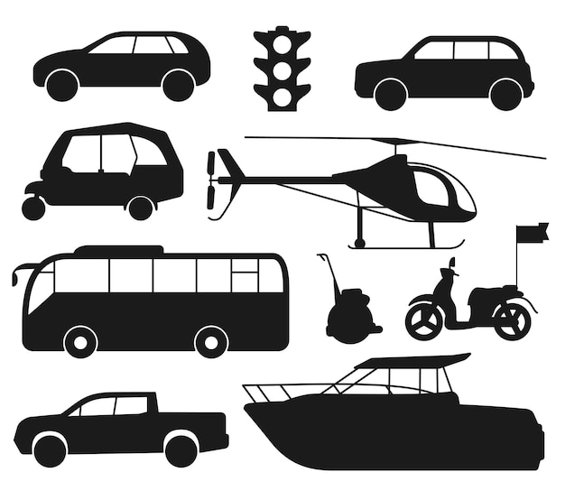Taxi, Bus, auto, jeep, motorfiets Silhouetten