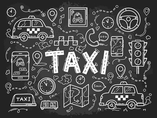 Такси и автомобили, нарисованные вручную векторными меловыми иконками, установленными на доске