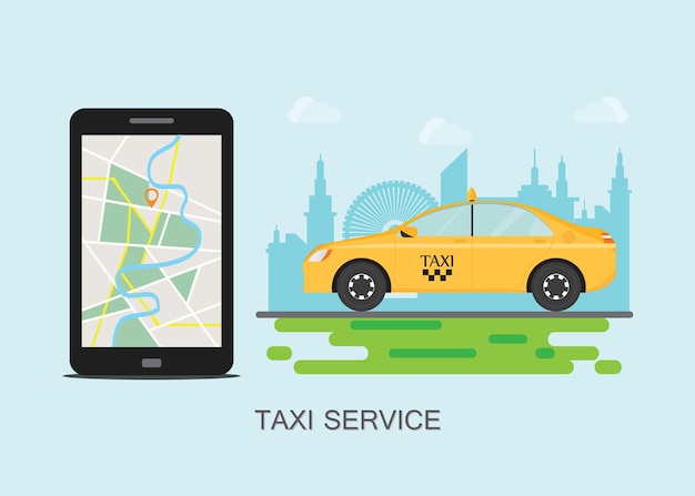 Taxi e telefono cellulare con mappa sullo sfondo della città