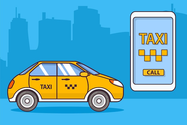 Taxi call car.Application smartphone. Yellow cab taxi.