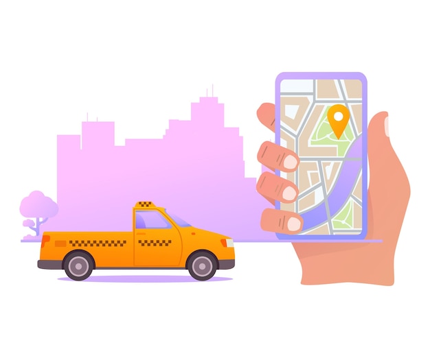 Taxi call mobile application Smartphone with map navigation Urban landscape with skyscrapersYello