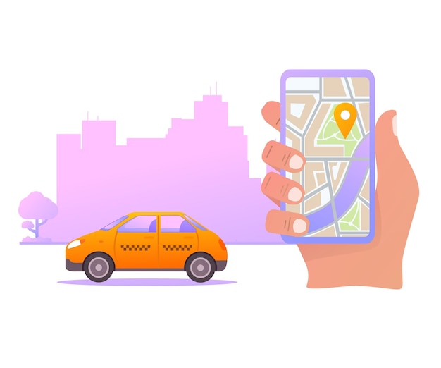 Taxi call mobile application Smartphone with map navigation Urban skyscrapers Yellow cab car